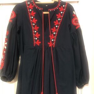 Hand embroidered dress!! Navy with red and white stitching